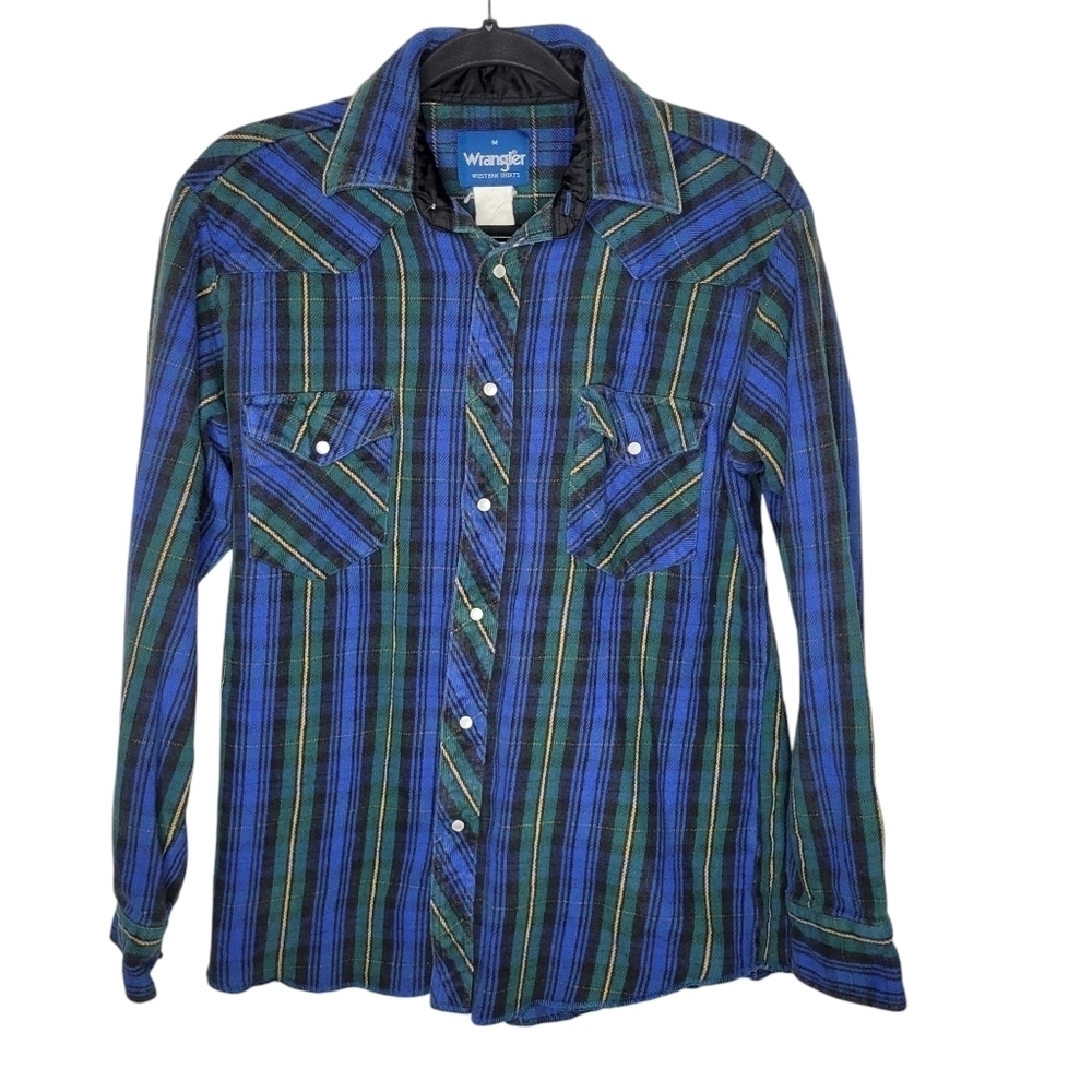 Vintage 90s Wrangler Western Shirts Plaid Pearl Snap Flannel Shirt Green Blue L